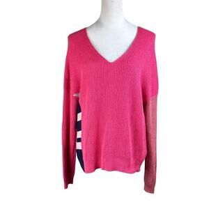 Nic + Zoe Pink Colorblock Chunky Ribbed Knit V-neck Long Sleeve Sweater